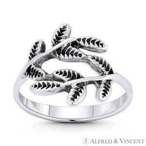 Olive Branch & Leaf Charm Stackable Bypass Ring in .925 Sterling Silver - Size 5